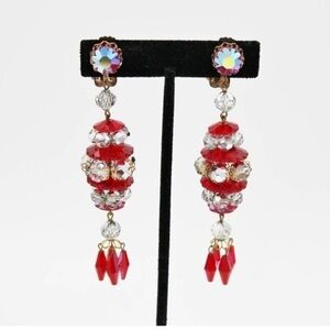 Vintage Red AB Crystal Rhinestone Statement Dangle Earrings